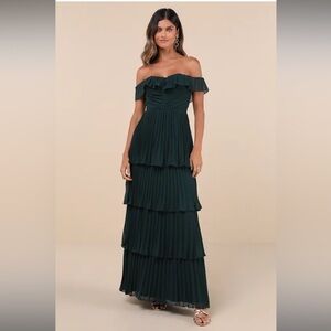 Lulus Always Remarkable Emerald Pleated Off-the-shoulder Maxi Dress Green